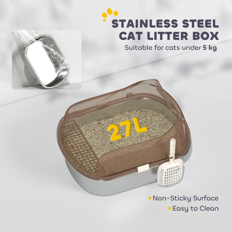 PawHut Stainless Steel Cat Litter Box with High Sided Enclosure, Scoop, Non-Sticky & Anti-Urine Leakage, Easy Cleaning