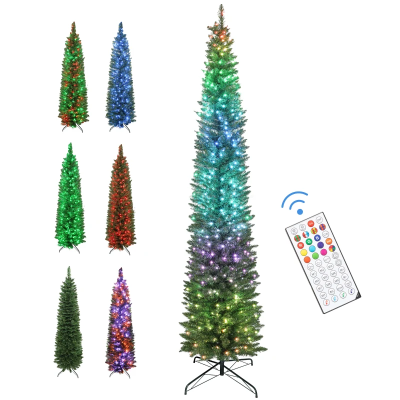 HOMCOM 9ft Christmas Tree with Colourful DIY Synchronized LEDs, Hinged Pencil Xmas Tree with Remote, Daily Timer, Green