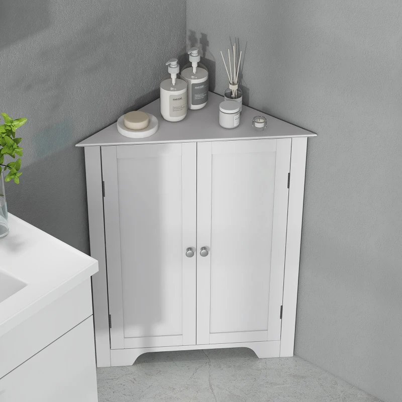 kleankin Modern Bathroom Storage Cabinet, Corner Cabinet with Doors, Bathroom Cabinet with Adjustable Shelf and Recessed Door, White