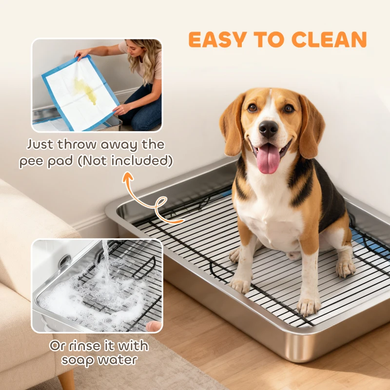 PawHut Dog Potty Tray Stainless Steel for Small and Medium Dogs, Dog Training Tray for Porch, Bathroom, Balcony, 28" x 20" x 4"