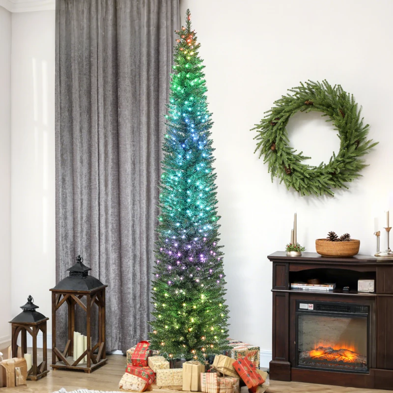 HOMCOM 9ft Christmas Tree with Colourful DIY Synchronized LEDs, Hinged Pencil Xmas Tree with Remote, Daily Timer, Green