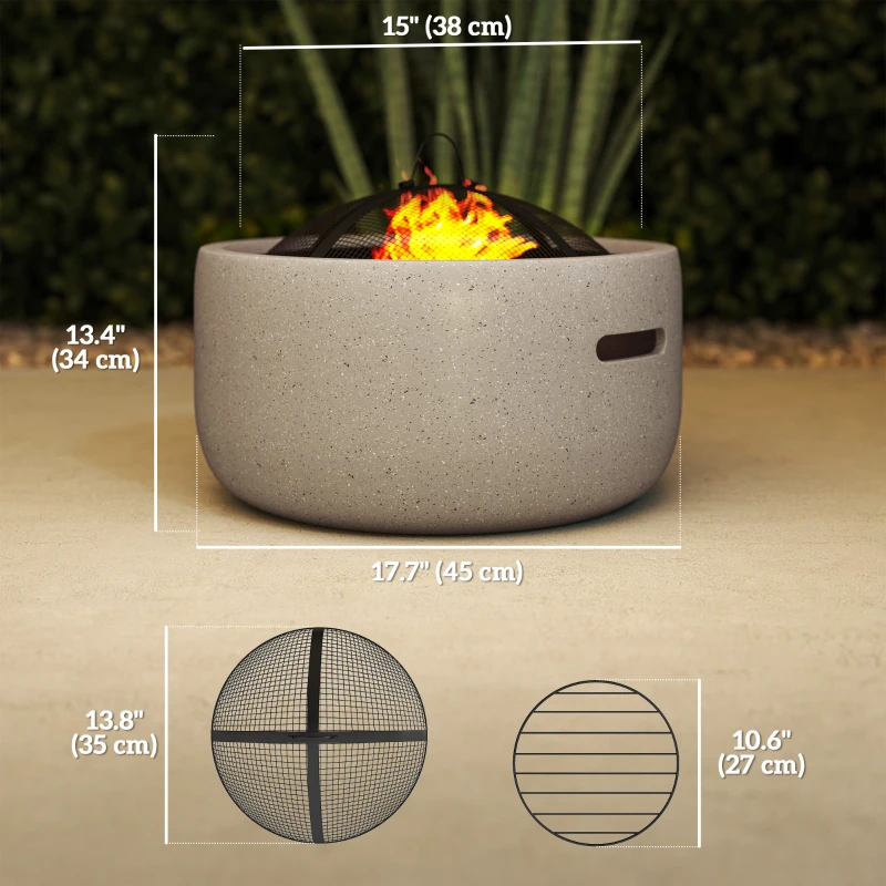 Outsunny 18" Round Outdoor Fire Pit Firepit Fireplace Wood-burning with Spark Screen Poker for Backyard Camping Bonfire, Grey