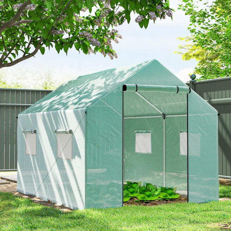 Outsunny Walk-in Tunnel Greenhouse UV-resistant Green House with Door and Mesh Windows, 6.6' x 10' x 6.6', Green