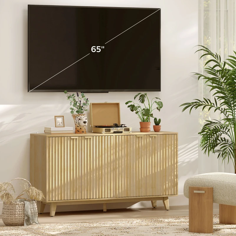 HOMCOM Fluted Sideboard Buffet Cabinet, 55" Coffee Bar Cabinet with 4 Doors, 2 Adjustable Shelves, 5 Wood Legs, Nature Wood