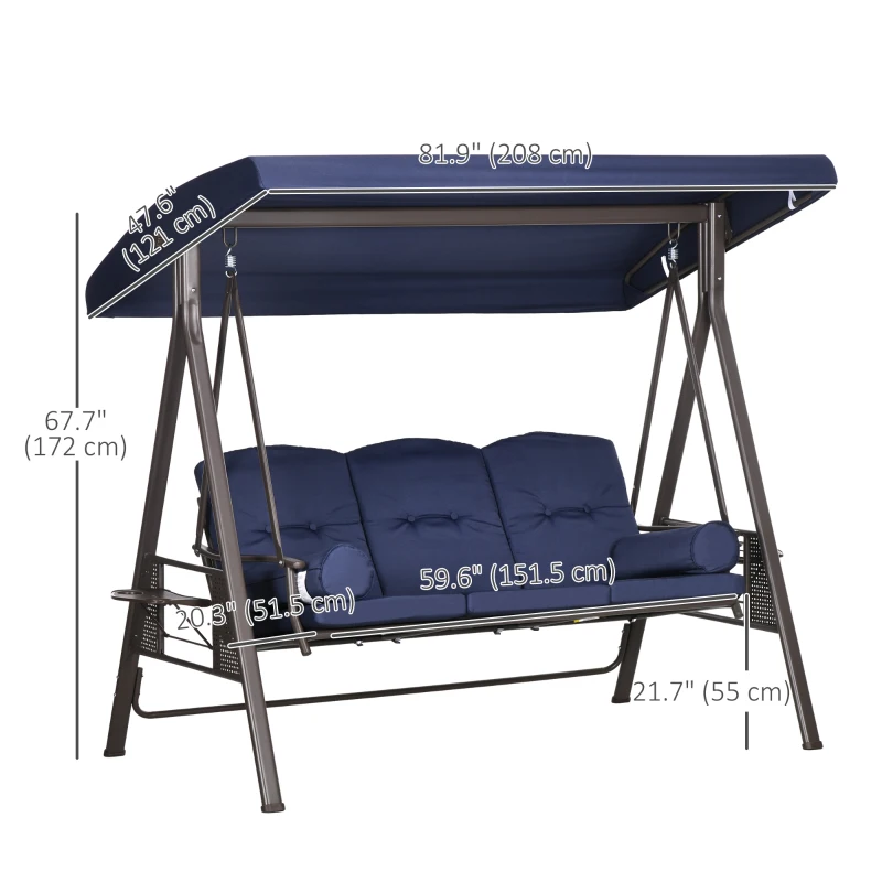 Outsunny Outdoor Patio 3-Person Steel Canopy Cushioned Seat Bench Swing with Included Side Trays & Padded Comfort, Dark Blue