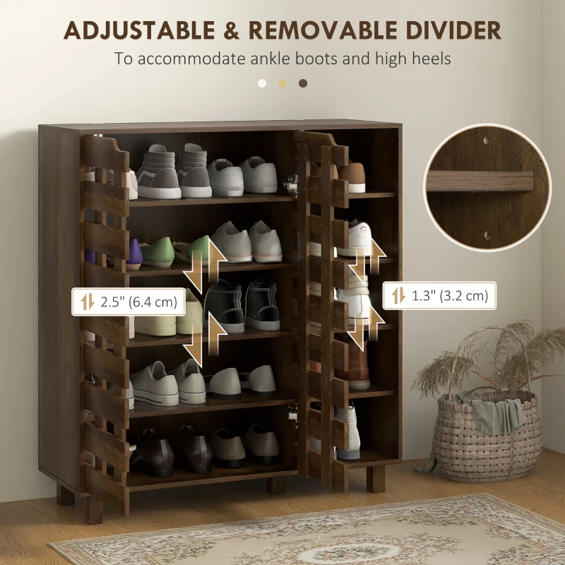 HOMCOM Shoe Cabinet, 21 Pair Shoe Storage Cabinet Organizer with 5-tier Double Door Cupboard and 5-tier Open Shelves, Brown