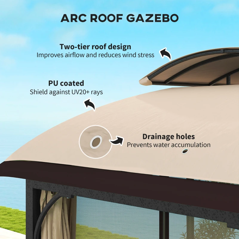 Outsunny 11' x 13' Patio Gazebo, Double Roof Outdoor Gazebo Canopy with Netting & Curtains, Galvanized Metal Frame, Khaki
