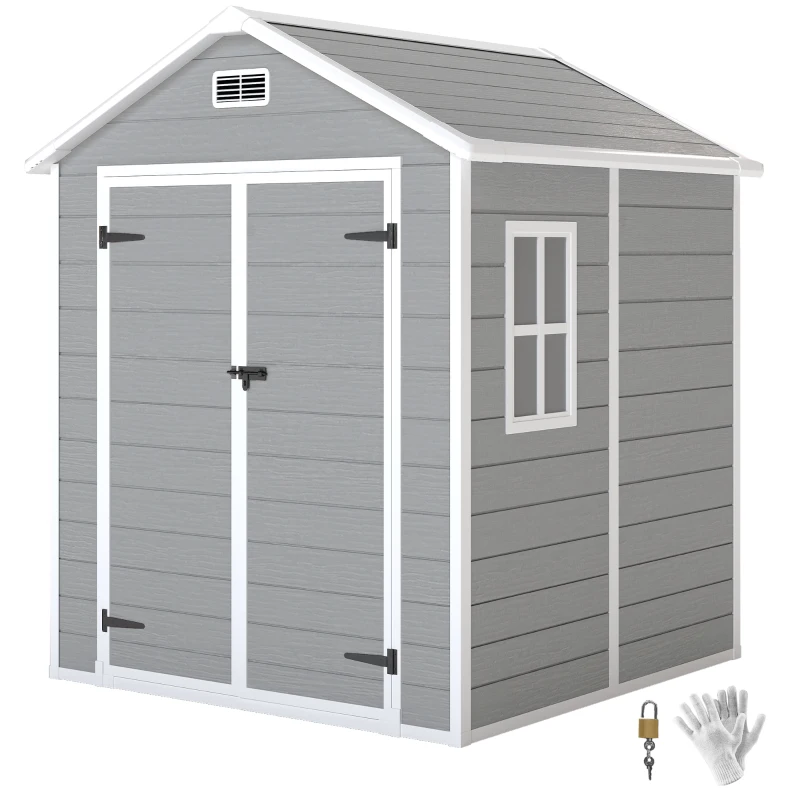 Outsunny 6' x 5' Plastic Outdoor Storage Shed, Garden Shed with Floor, Window, Lockable Doors and Vents, Wood Effect Grey