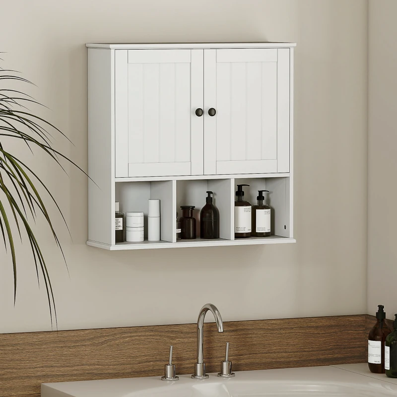 HOMCOM Farmhouse Bathroom Wall Cabinet, Wall Mounted Medicine Cabinet with Adjustable Shelf, Open Compartments, White