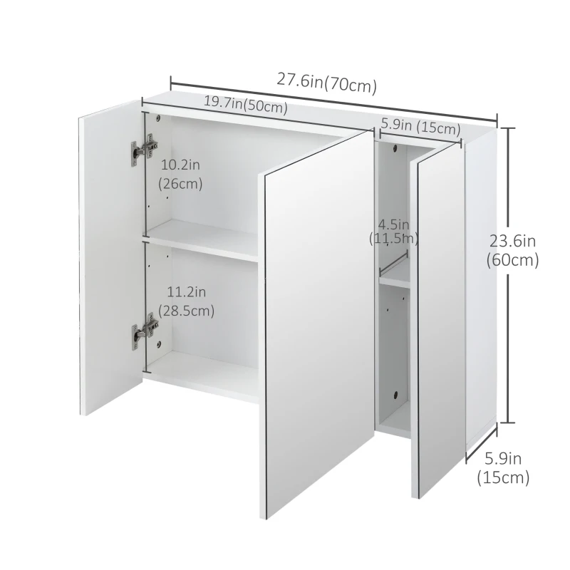 kleankin 28" x 24" Wall Mounted Mirror Cabinet, Bathroom Medicine Cabinet with Mirror, 3 Doors and Adjustable Shelves, White