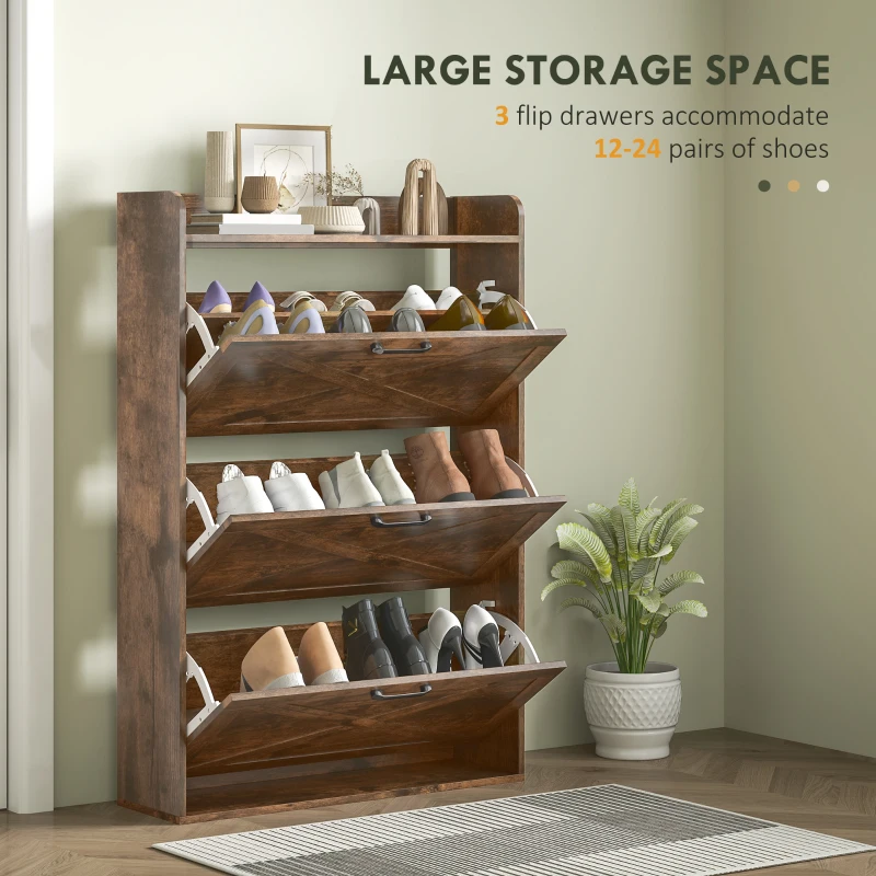 HOMCOM Narrow Shoe Storage Cabinet Farmhouse Shoe Cabinet with 3 Flip Drawers Adjustable Shelves for Entryway Rustic Brown