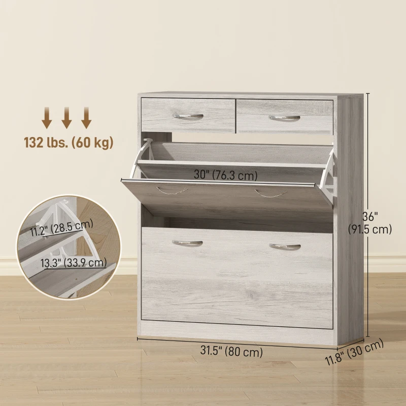 HOMCOM Narrow Shoe Storage with 2 Flip Drawers and Adjustable Shelves Shoe Organizer Cabinet for 12 Pairs of Shoes, Grey