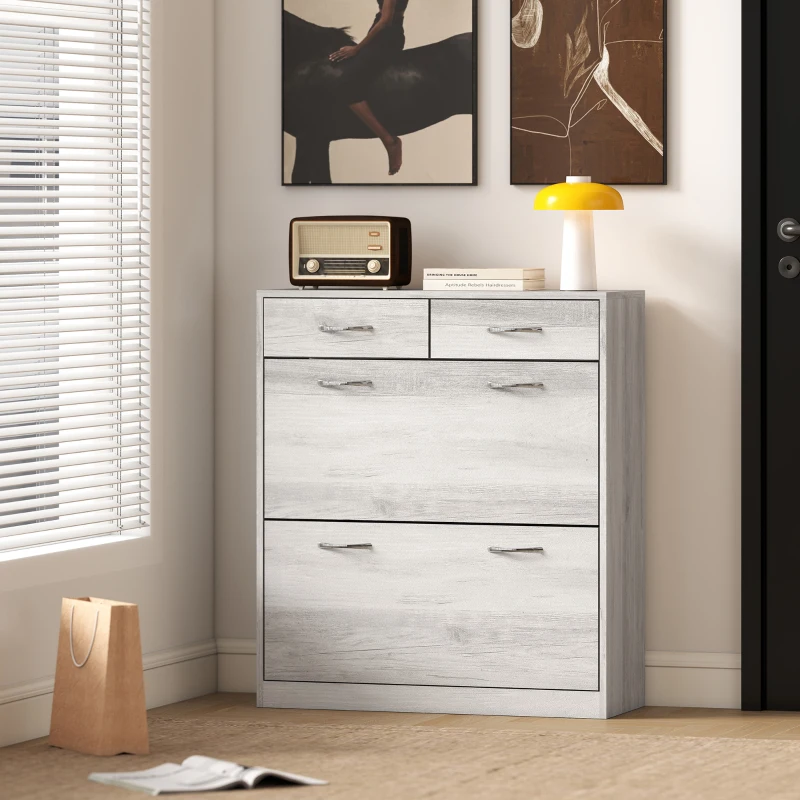 HOMCOM Narrow Shoe Storage with 2 Flip Drawers and Adjustable Shelves Shoe Organizer Cabinet for 12 Pairs of Shoes, Grey