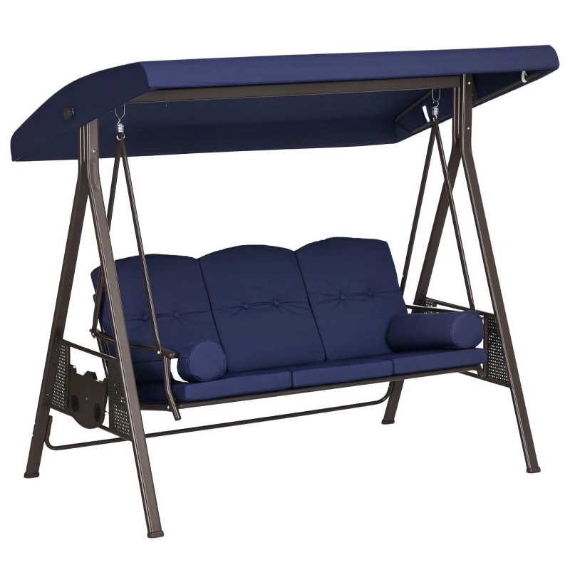 Outsunny Outdoor Patio 3-Person Steel Canopy Cushioned Seat Bench Swing with Included Side Trays & Padded Comfort, Dark Blue