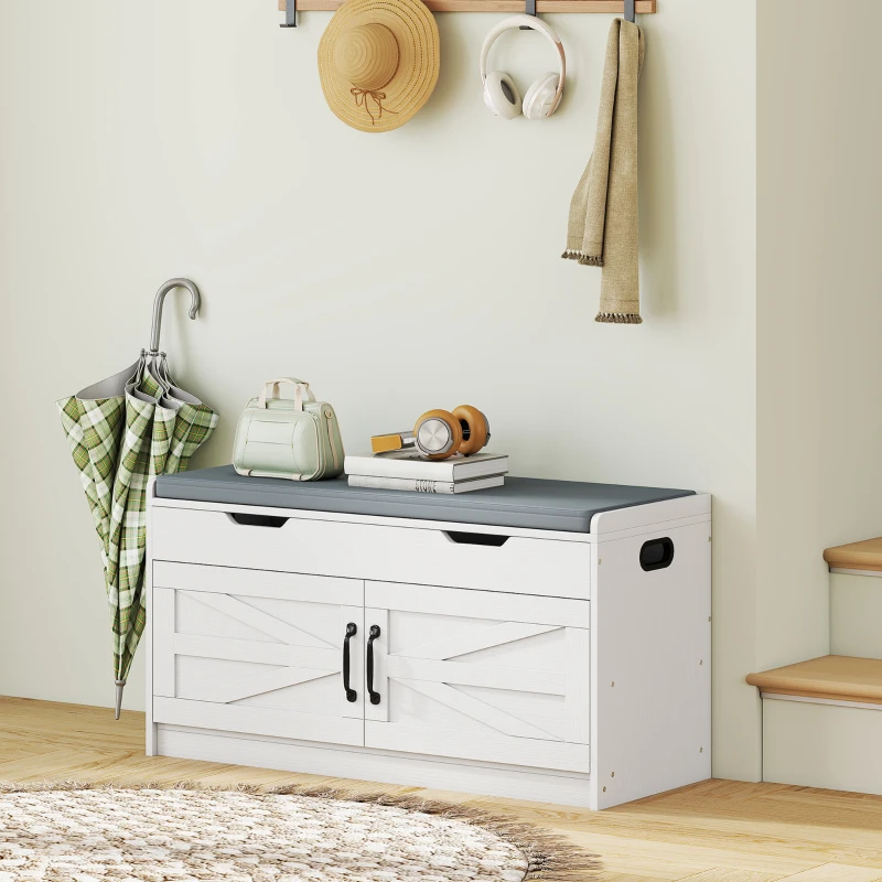 HOMCOM Shoe Storage Bench, Entryway Bench with 2-Tier Cabinet, Flip-Top Storage, Padded Cushion for Hallway, White