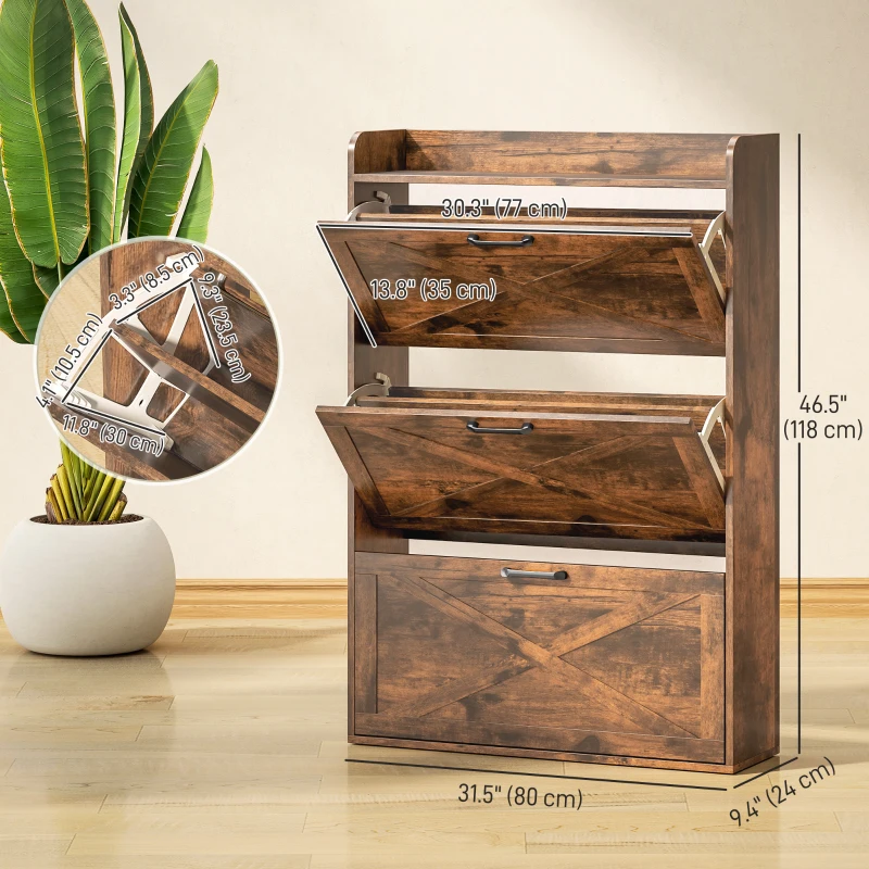 HOMCOM Narrow Shoe Storage Cabinet Farmhouse Shoe Cabinet with 3 Flip Drawers Adjustable Shelves for Entryway Rustic Brown