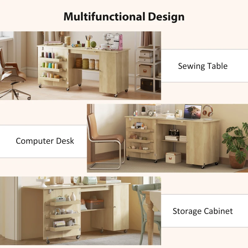 HOMCOM Sewing Machine Table with Drop Leaf, Folding Craft Table with 2 Doors and Adjustable Shelf for Small Spaces, Natural