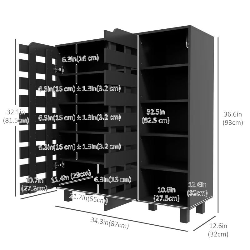 HOMCOM Shoe Cabinet, 21 Pair Shoe Storage Cabinet Organizer with 5-tier Double Door Cupboard and 5-tier Open Shelves, Black