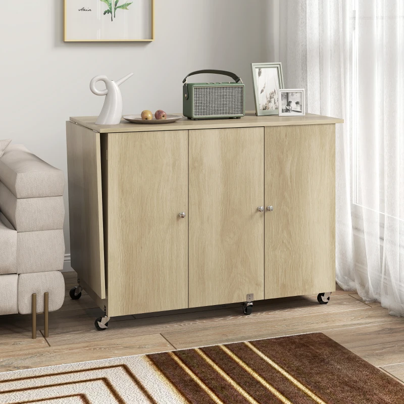 HOMCOM Sewing Machine Table with Drop Leaf, Folding Craft Table with 2 Doors and Adjustable Shelf for Small Spaces, Natural