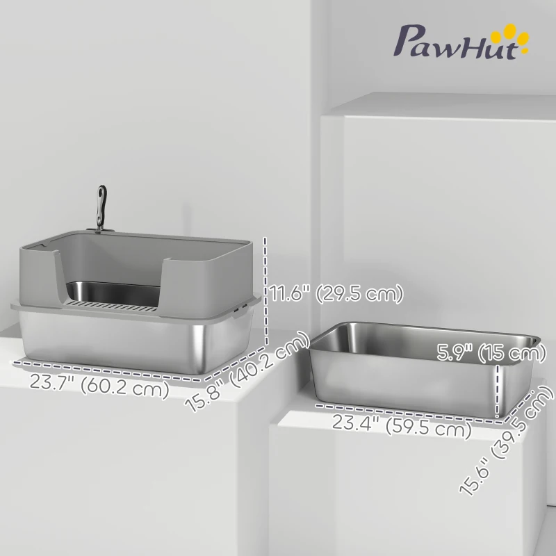 PawHut Stainless Steel Litter Box, XL High Sided Cat Litter Box with Scoop, Anti Leakage & Easy to Clean, 24" x 16" x 12", Grey