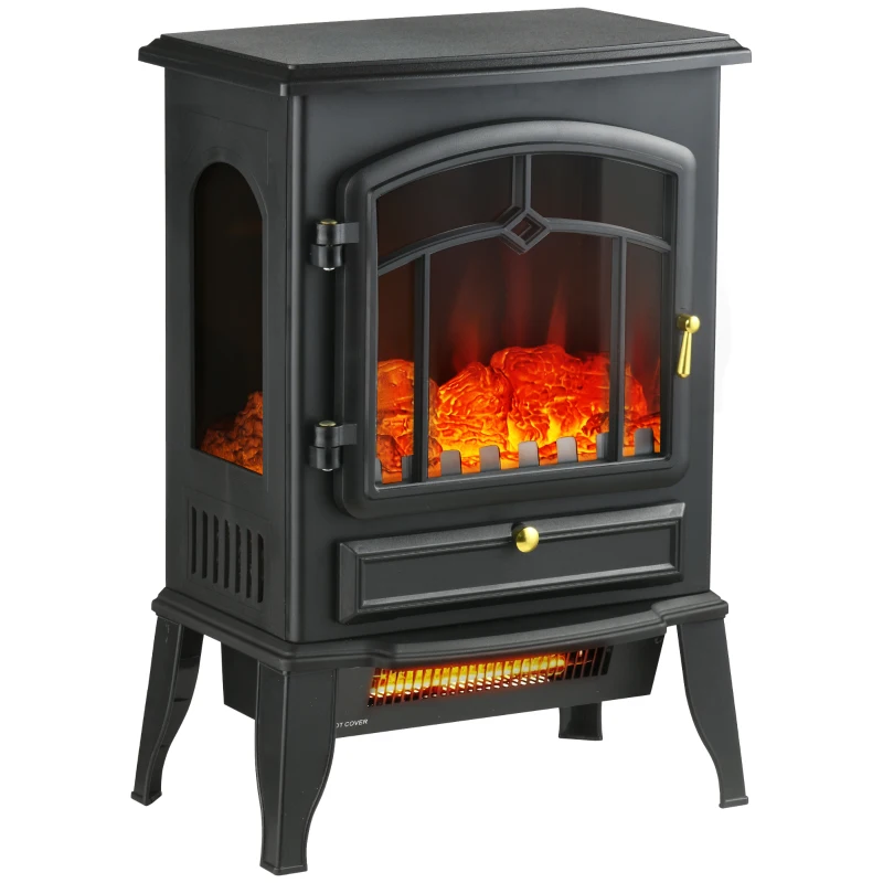 HOMCOM Electric Fireplace Heater Freestanding Fireplace Stove with 3-Side Realistic Flame Overheat Protection 750W/1500W, Black
