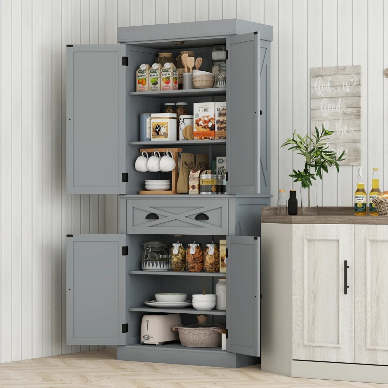HOMCOM 72" Kitchen Cabinet, Pantry Storage Cabinet with 4 Doors and 2 Adjustable Shelves, Large Central Drawer, Gray