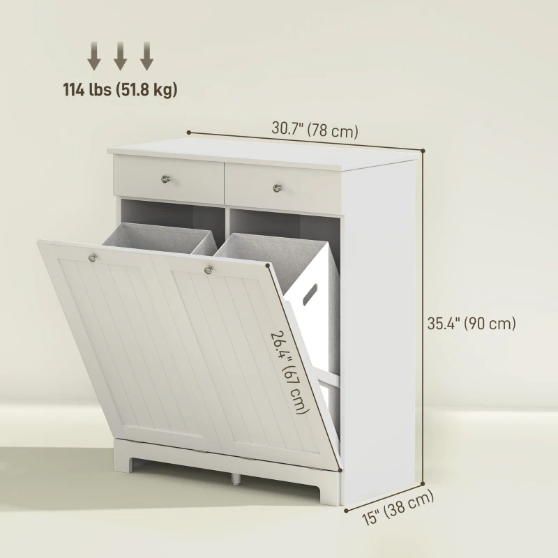 HOMCOM Laundry Cabinet, Tilt Out Laundry Hamper Cabinet with 2 Baskets, Bathroom Hamper Cabinet with 2 Drawers, White