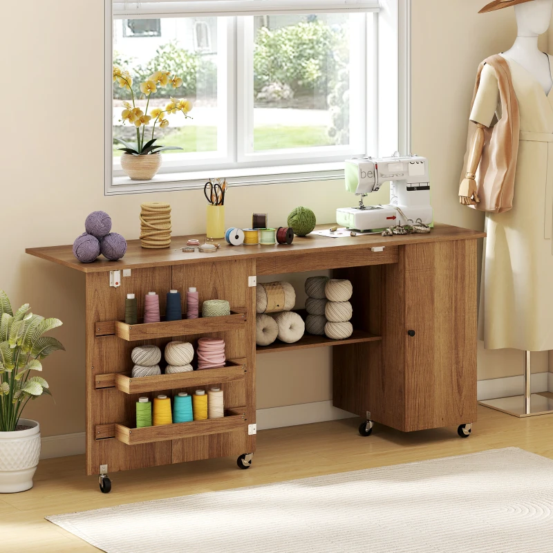 HOMCOM Sewing Machine Table with Drop Leaf, Folding Craft Table with 2 Doors and Adjustable Shelf for Small Spaces, Brown