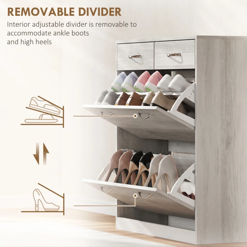 HOMCOM Narrow Shoe Storage with 2 Flip Drawers and Adjustable Shelves Shoe Organizer Cabinet for 12 Pairs of Shoes, Grey