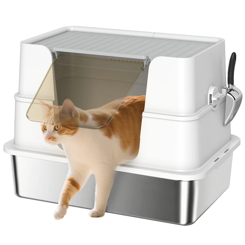 PawHut XL Stainless Steel Litter Box with Lid, Extra Large Covered Cat Litter Box for Indoor Kittens with Filp Top, Scoop