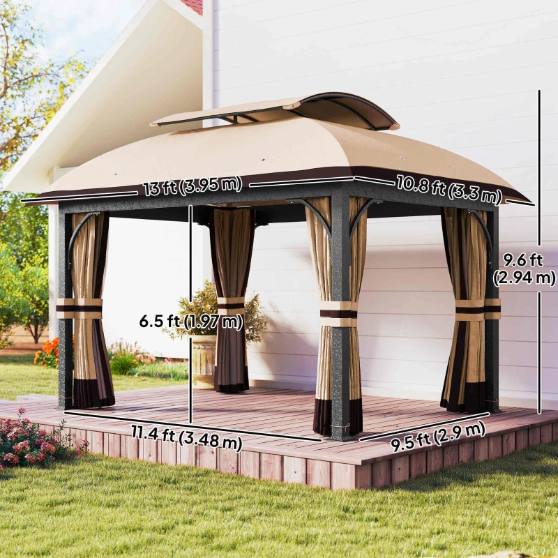 Outsunny 11' x 13' Patio Gazebo, Double Roof Outdoor Gazebo Canopy with Netting & Curtains, Galvanized Metal Frame, Khaki
