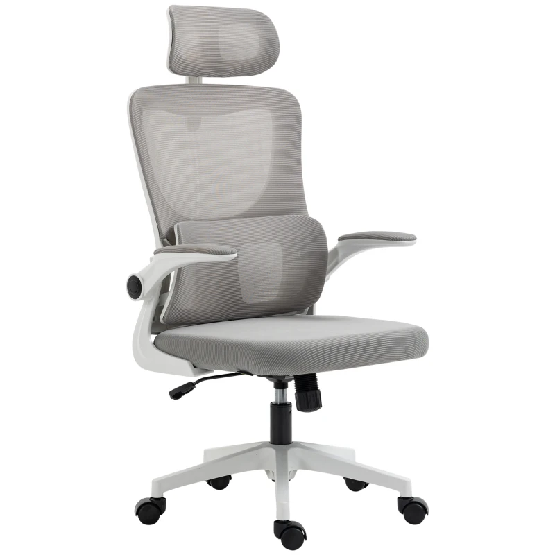 Vinsetto Ergonomic Office Chair with Auto-Adaptive Lumbar Support, High Back Desk Chair with Adjustable Headrest & Height, Rotatable Arm, Rocking Function for Office, Grey
