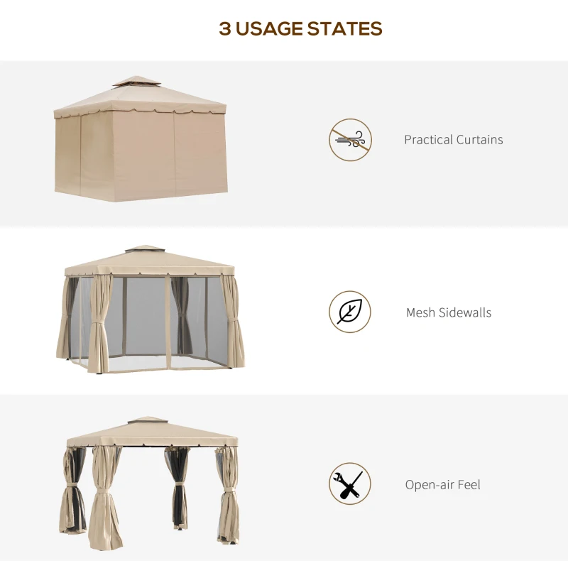 Outsunny Deck Gazebo with Beautiful Curtains, & Mesh Screen Drapes, 10ft x 10ft Double Canopy Polyester Shade for Backyard Garden, Khaki
