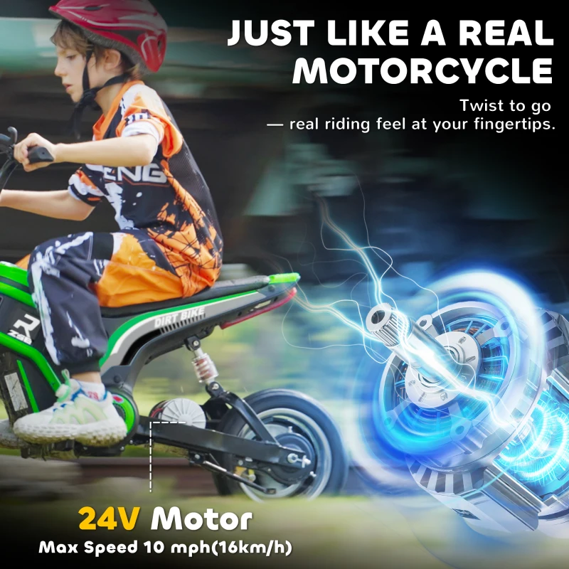 Aosom 24V 350W Electric Dirt Bike Up to 15 MPH w/ Twist Grip Throttle, Green