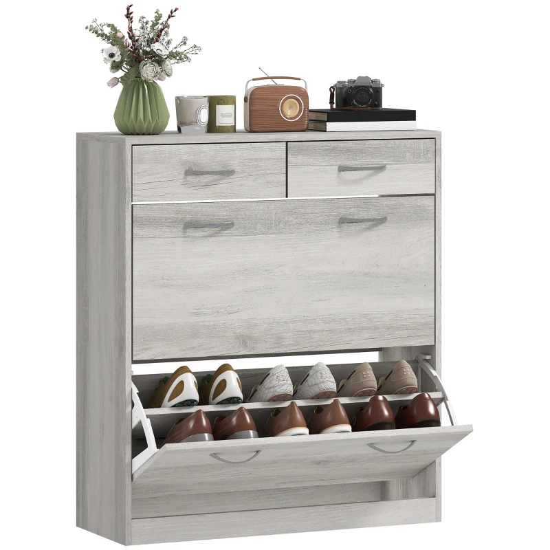 HOMCOM Narrow Shoe Storage with 2 Flip Drawers and Adjustable Shelves Shoe Organizer Cabinet for 12 Pairs of Shoes, Grey