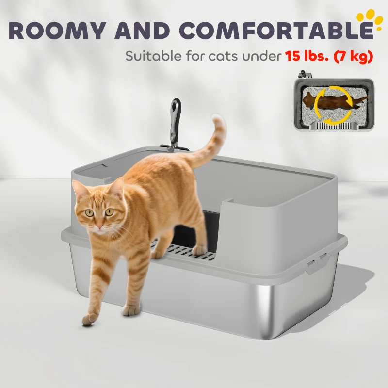 PawHut Stainless Steel Litter Box, XL High Sided Cat Litter Box with Scoop, Anti Leakage & Easy to Clean, 24" x 16" x 12", Grey