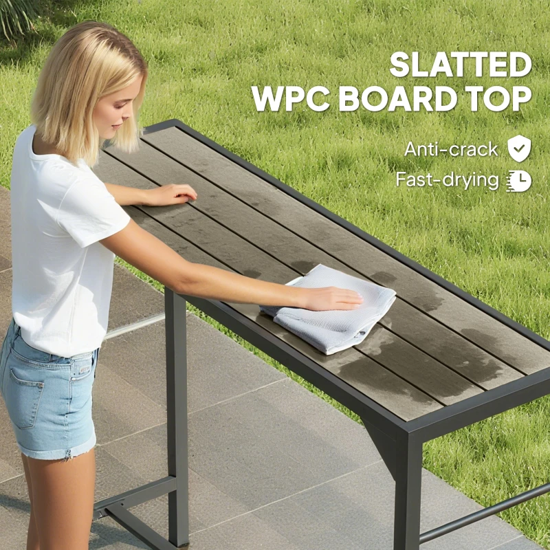 Outsunny Bar Height Outdoor Table with Built-In Bottle Opener, Patio Bar Table with Wood Grain Plastic Top, 47.2" x 15" x 39