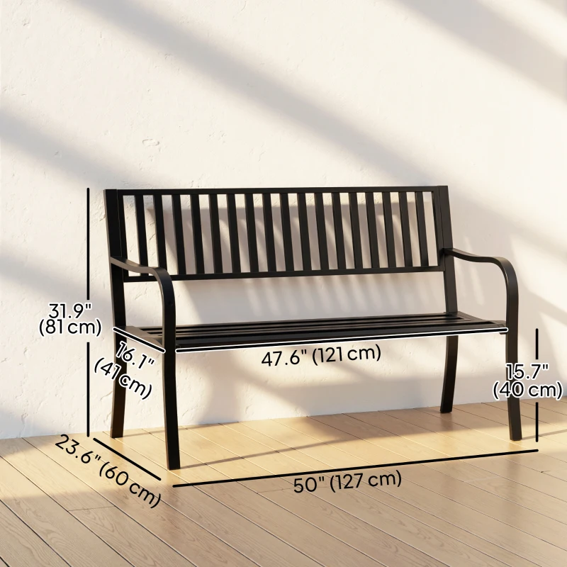 Outsunny 50" Steel Garden Bench Patio Metal Backyard Park Chair Outdoor Seat Furniture, Black