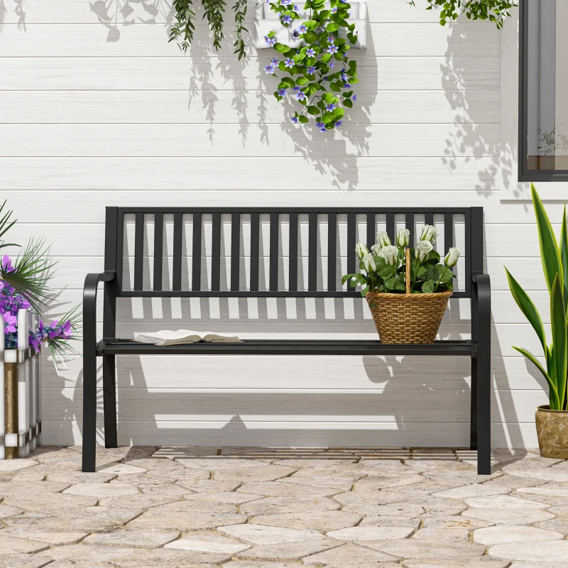 Outsunny 50" Steel Garden Bench Patio Metal Backyard Park Chair Outdoor Seat Furniture, Black