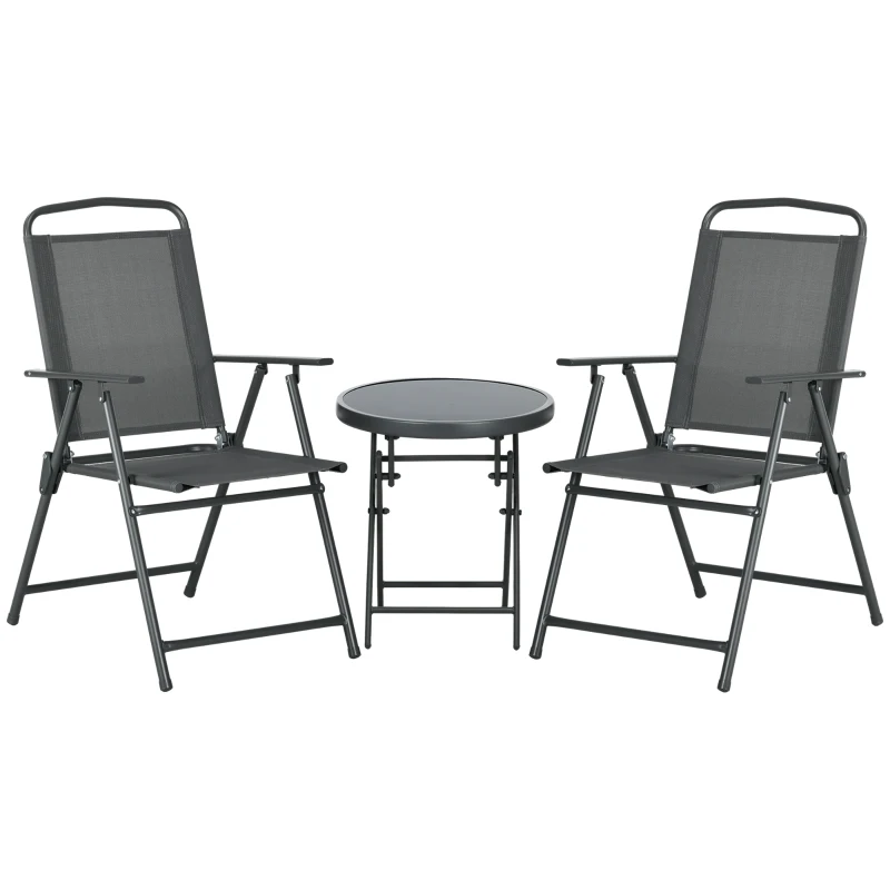 Outsunny 3 Pieces Bistro Set, Foldable Patio Furniture Set with Mesh Chairs, Glass Table for Garden, Balcony, Charcoal Grey