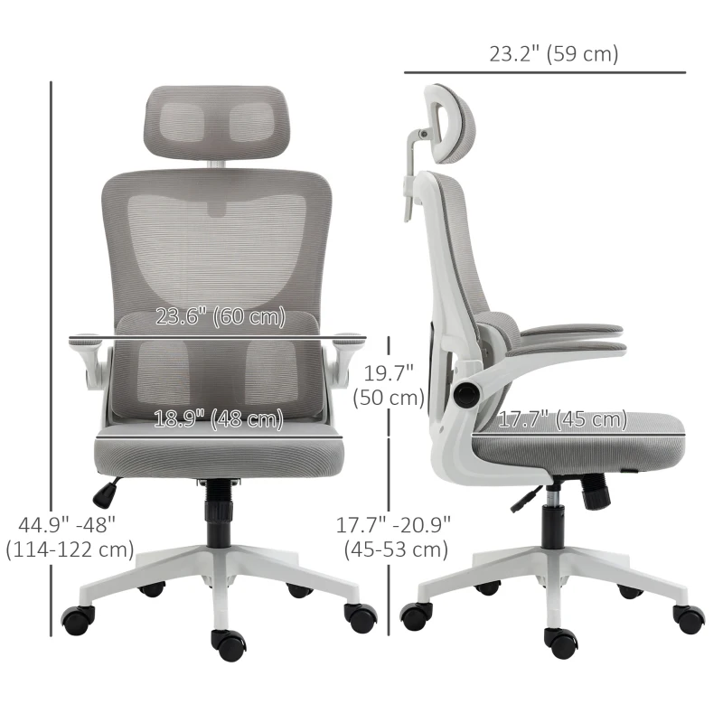 Vinsetto Ergonomic Office Chair with Auto-Adaptive Lumbar Support, High Back Desk Chair with Adjustable Headrest & Height, Rotatable Arm, Rocking Function for Office, Grey