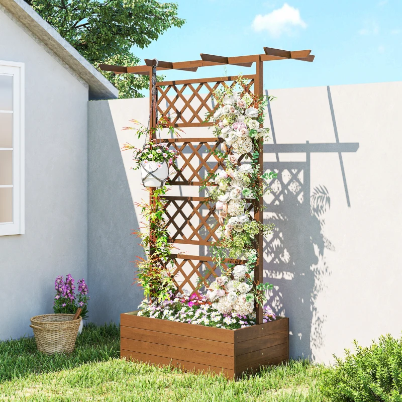 Outsunny Wooden Trellis Planter Box, Raised Garden Bed to Grow Vegetables, Herbs and Flowers