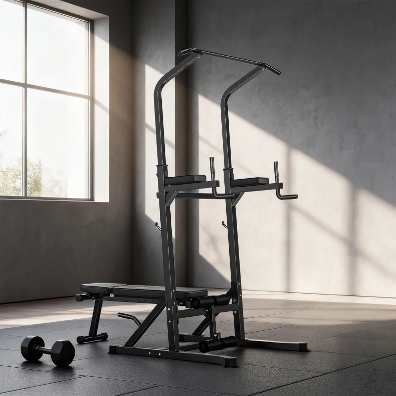 Soozier Foldable Power Tower Pull Up Dip Station with Adjustable Weight Bench for Home Gym Strength Training Fitness