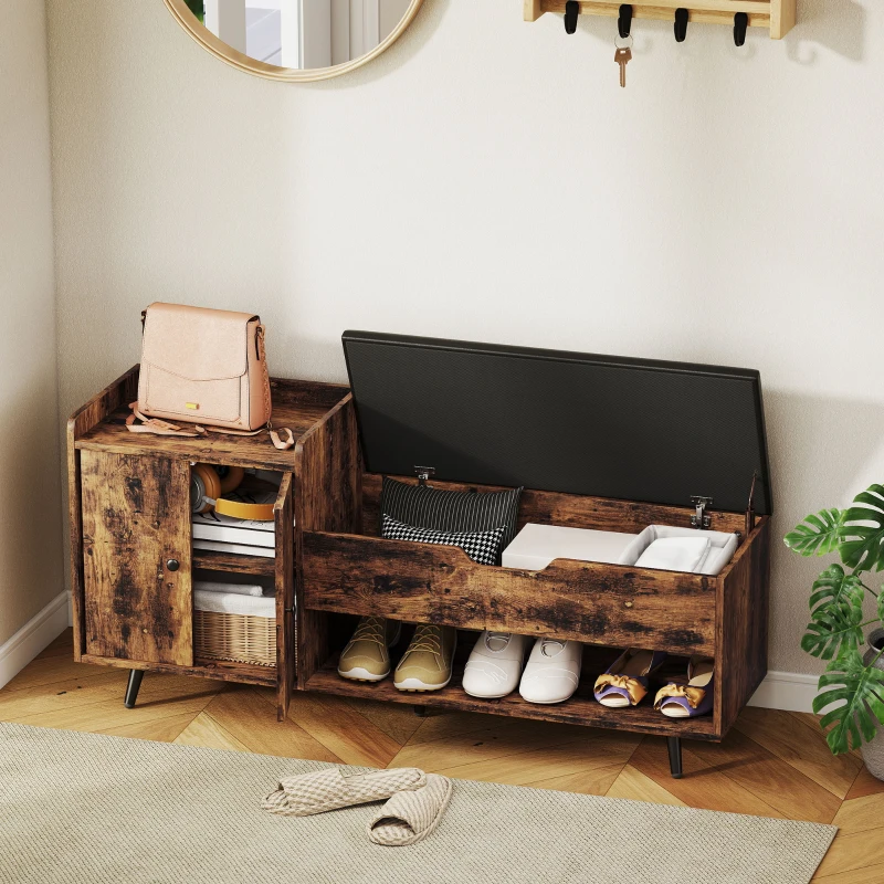 HOMCOM Storage Bench, Entryway Bench with Cushion, Hidden Storage, Compartments, Rustic Brown