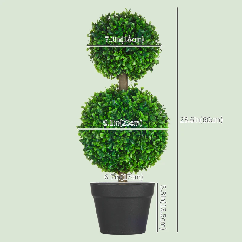 HOMCOM Artificial Boxwood Topiary Tree Set of 2, Faux Boxwood Ball Trees in Pot, Fake Plant for Indoor Outdoor Decor, Green