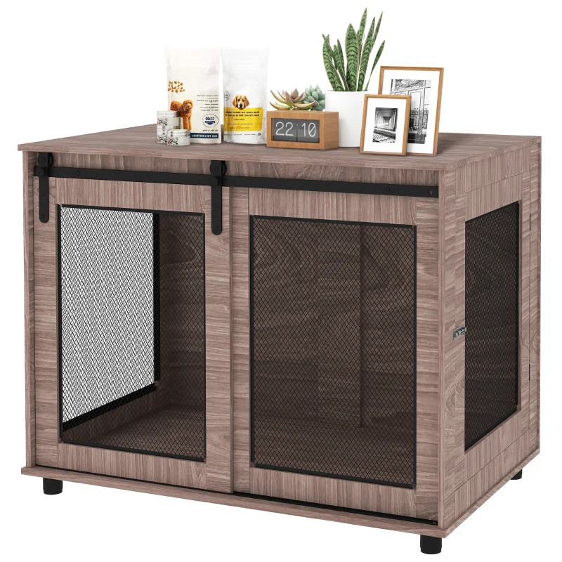 PawHut 39" Dog Crate Furniture, Dog Kennel Furniture End Table with Sliding Barn Door for Large Dogs, Walnut Brown