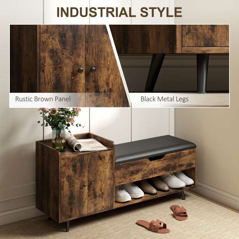 HOMCOM Storage Bench, Entryway Bench with Cushion, Hidden Storage, Compartments, Rustic Brown