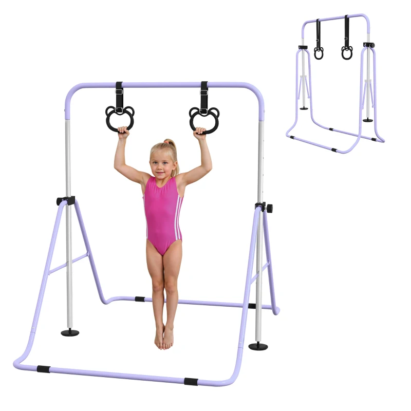 Qaba Kids Gymnastics Bar, Adjustable Height Folding Horizontal Bar with Gymnastics Rings, Non-slip Rubber Floor Rings, Purple
