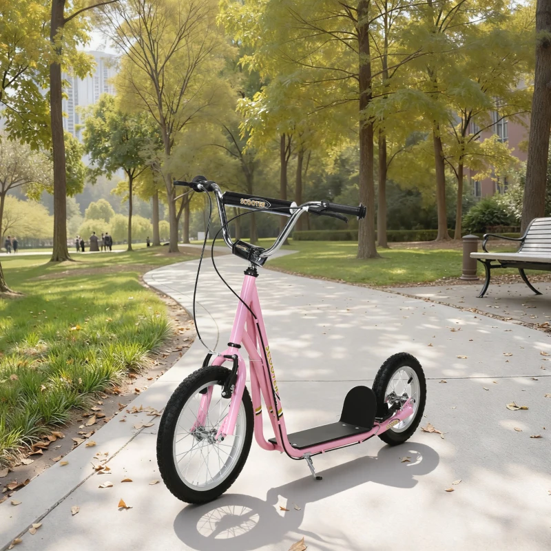 HOMCOM Kick Scooter for Children 5+ Years, Adjustable Height, with Large Inflatable Wheels, Dual Brakes - Pink