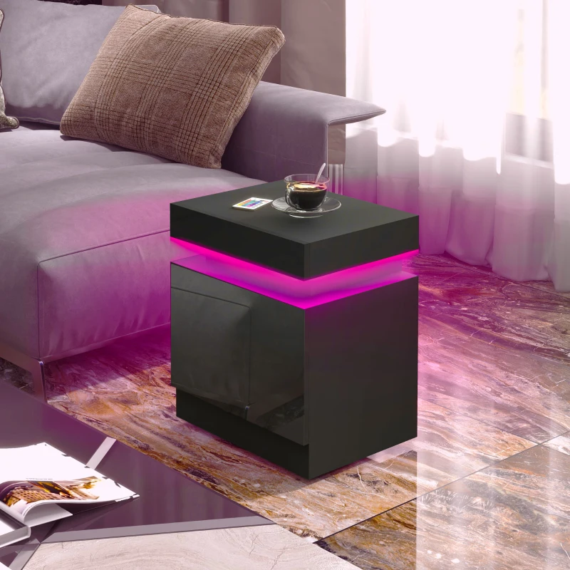 HOMCOM Nightstand, Bedside Table with LED Lights and 2 Drawers for Bedroom, Living Room, Black